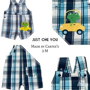 🐸 Carter’s Baby Boy Plaid Shortalls – Size 3 Months 💙 with Frog Patch